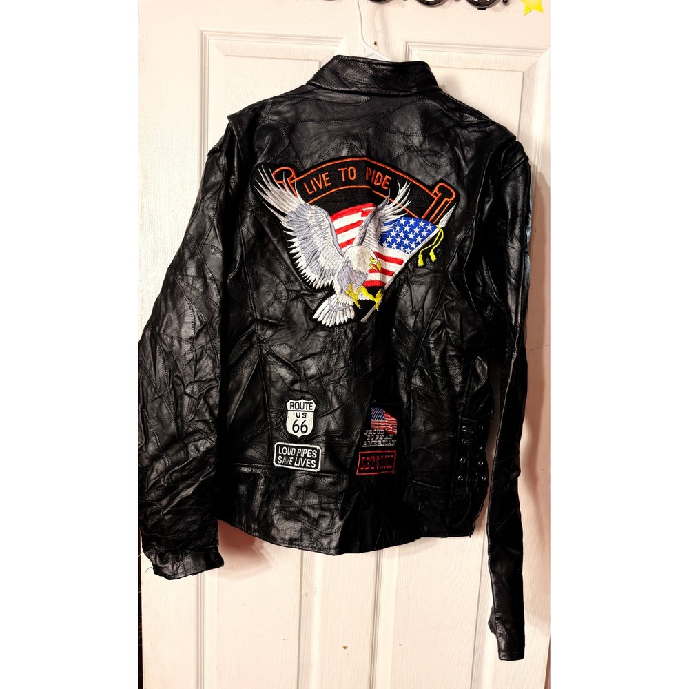 Diamond Plate Buffalo Leather Biker Jacket Mens XL Patchwork Live To Ride Eagle - Picture 6 of 15